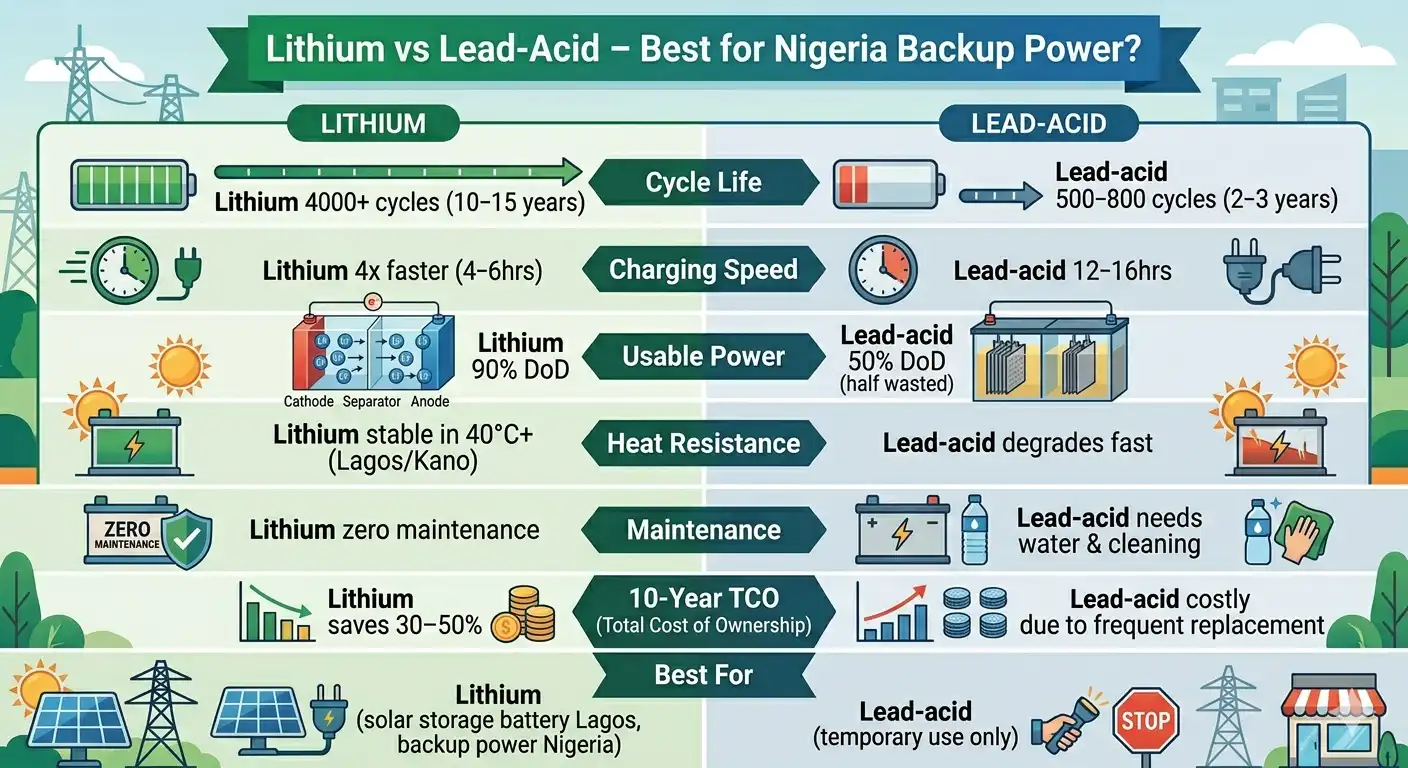 Lithium vs Lead-Acid Batteries Nigeria | TCO & Solar Storage Comparison